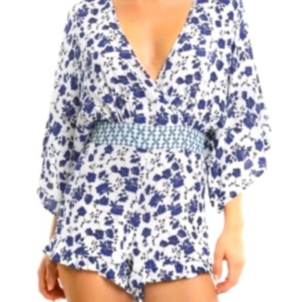 Kittenish Blue and White Floral Romper